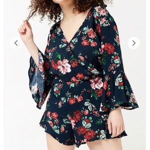 Plus Size Floral Surplice Ruffle-Trim Romper